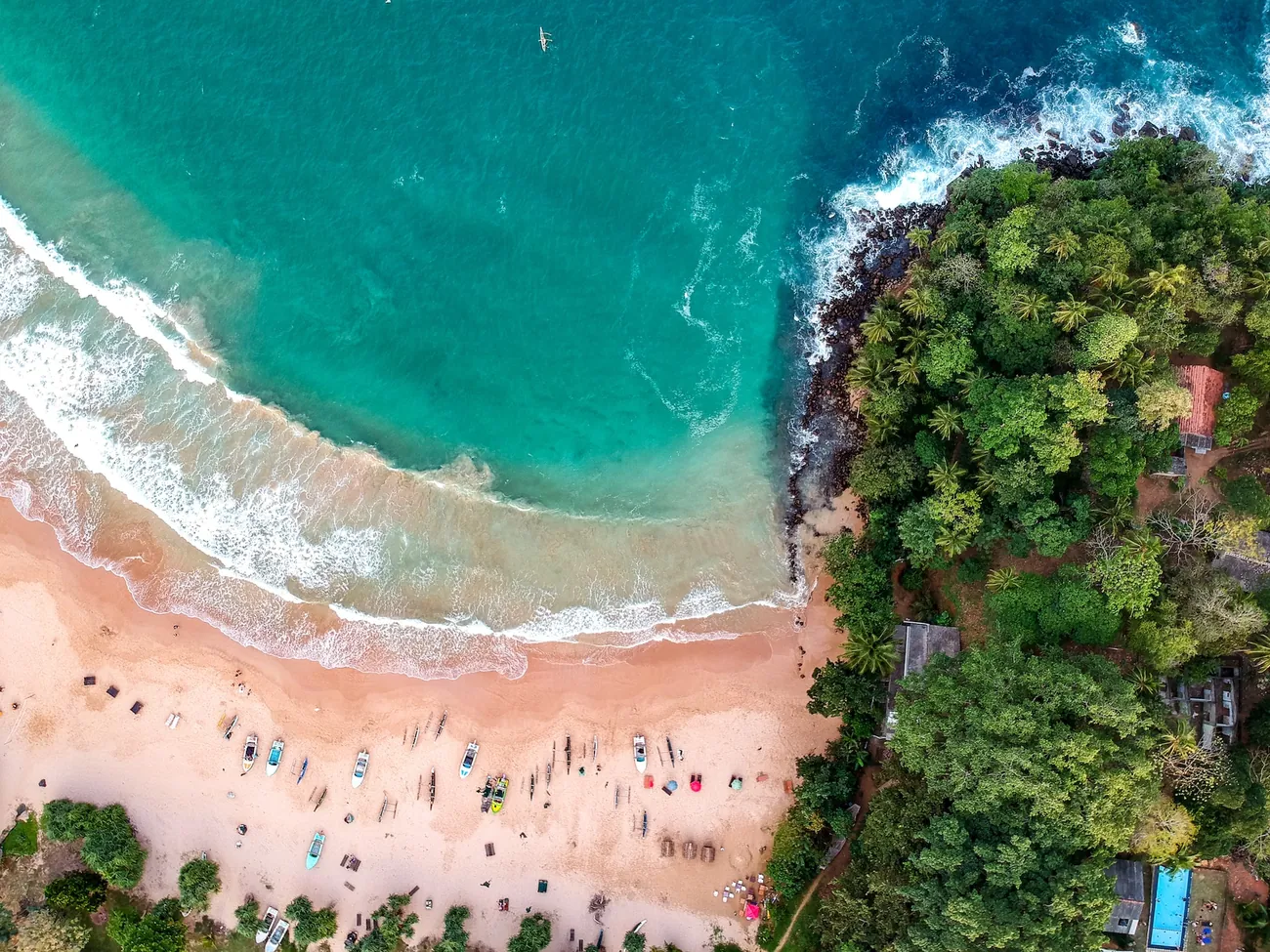 Aerial view of turquoise surf meeting the palm-backed shoreline