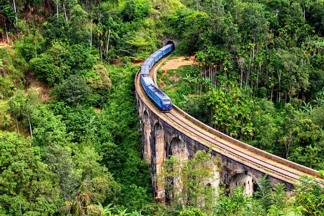 Blue express train crossing a viaduct through Sri Lankan rainforest
