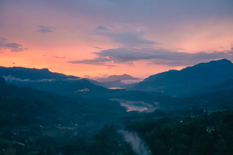 Dawn light over the misty hills of Sri Lanka’s central highlands